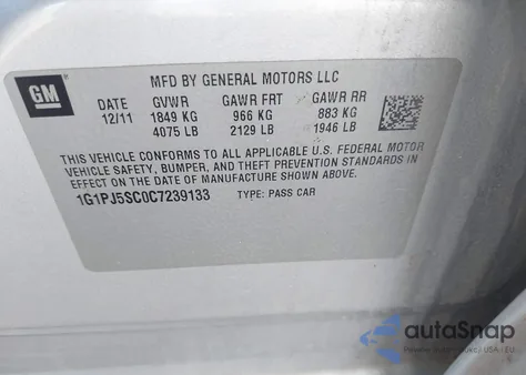 2012 Chevrolet Cruze Eco from USA, damaged, VIN 1G1PJ5SC0C7239133